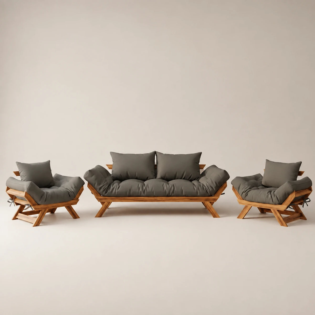 Kit Sofá Japão + 2 Poltronas Sarja Madeira Nobre Cor Mel — Cinza