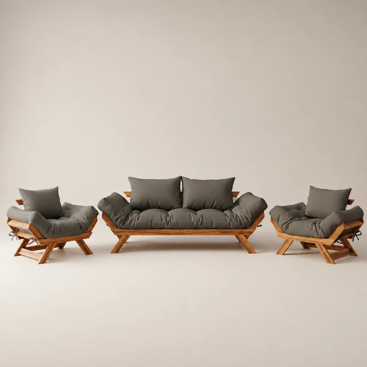 Kit Sofá Japão + 2 Poltronas Sarja Madeira Nobre Cor Mel