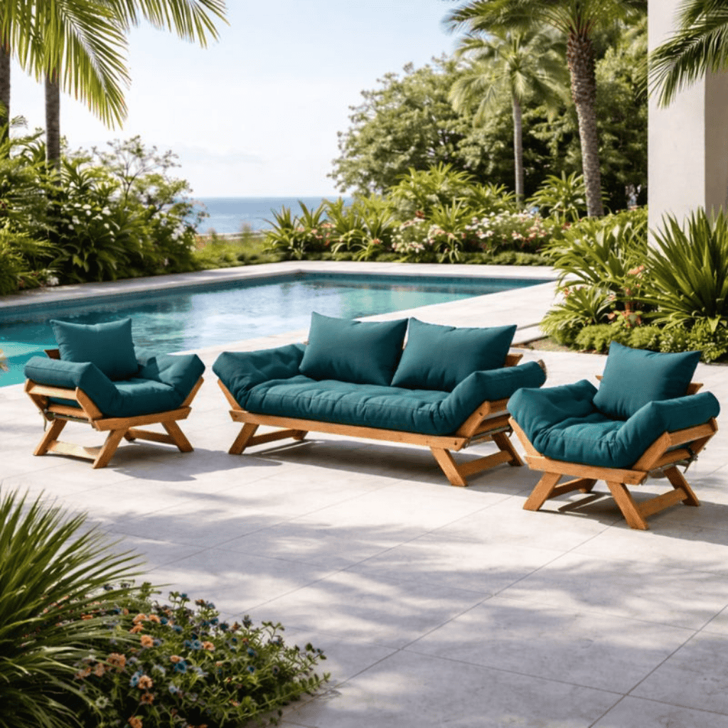 Kit Sofá Japão + 2 Poltronas Acquablock com Capa Extra – Combo Verão em Madeira Nobre Cor Mel