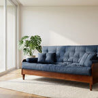 Sofá Cama Casal Futon Paris II Acquablock em Madeira Maciça Imbuia - Cor Azul Royal