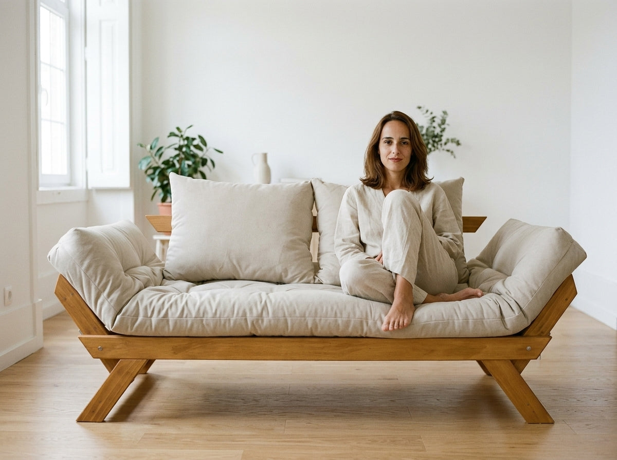 Reclining Futon Sofa — On Model - Seated | Generated by Modelize