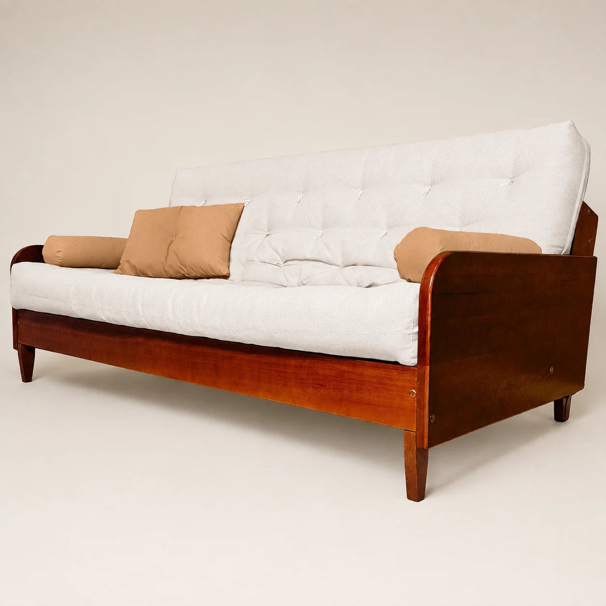 Sofá De Madeira Nobre Cor Imbuia Futon Paris - Tecido Acquablock Branco Off