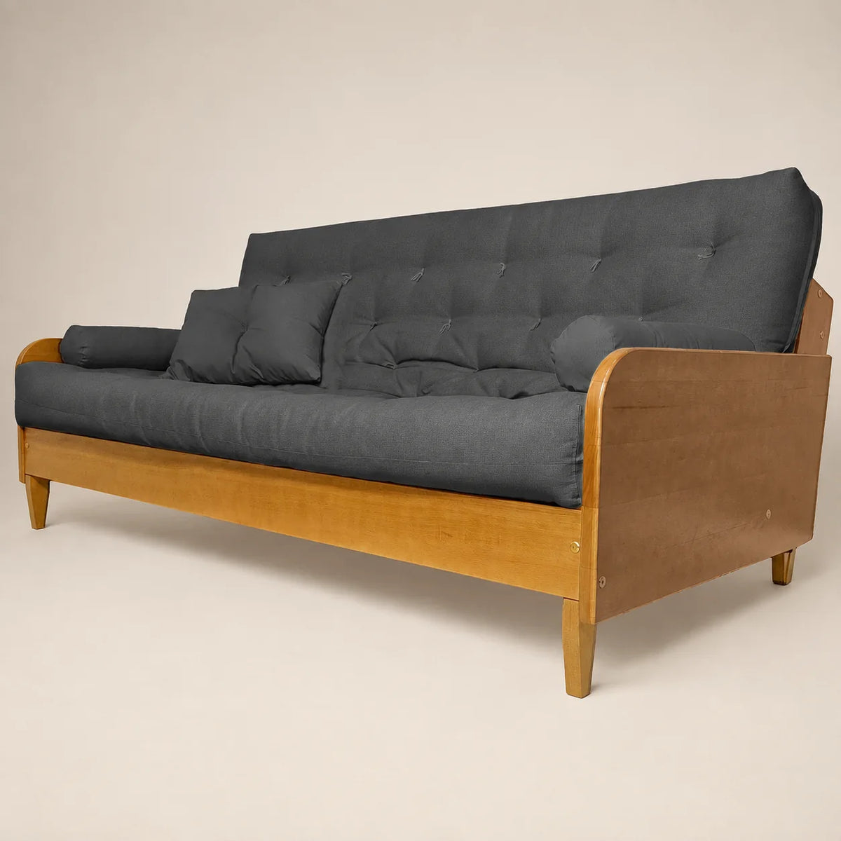 Sofá De Madeira Nobre Cor Mel Futon Paris - Tecido Acquablock Chumbo
