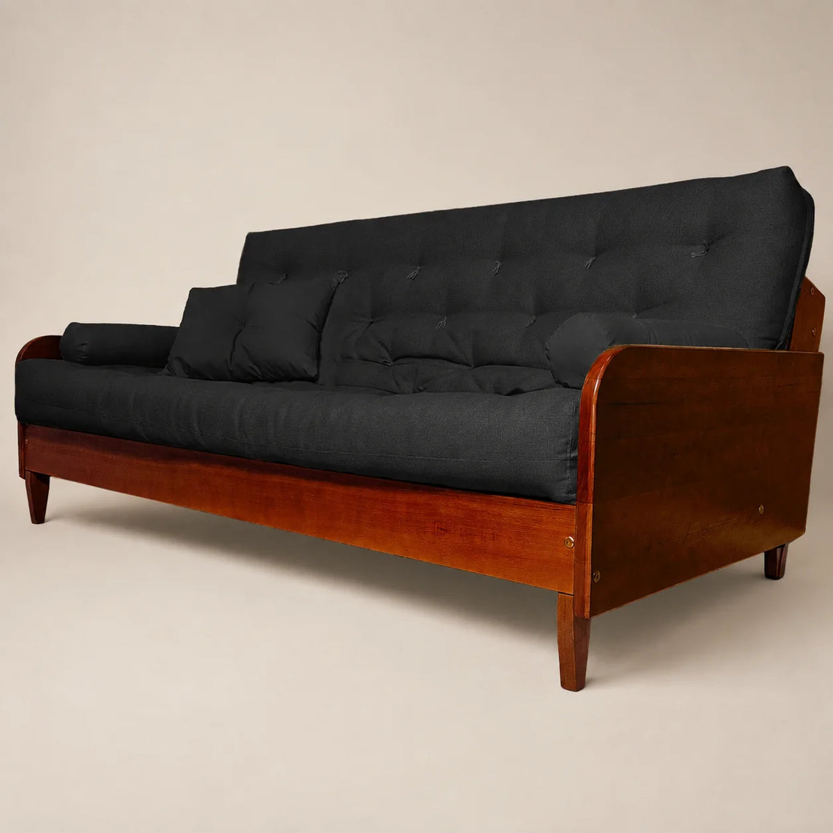 Sofá De Madeira Nobre Cor Imbuia Futon Paris - Tecido Acquablock Preto