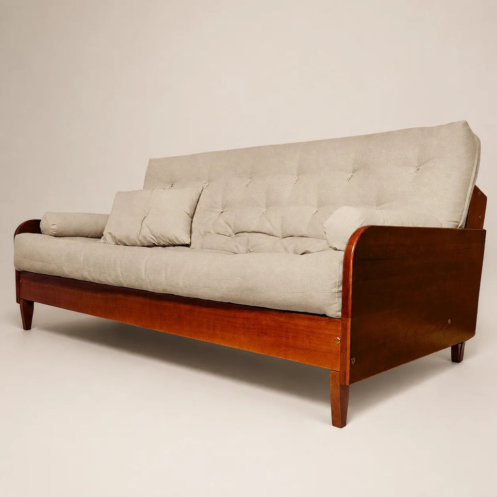 Sof� De Madeira Nobre Cor Imbuia Futon Paris - Tecido Sarja 100% Algod�o Bege Claro