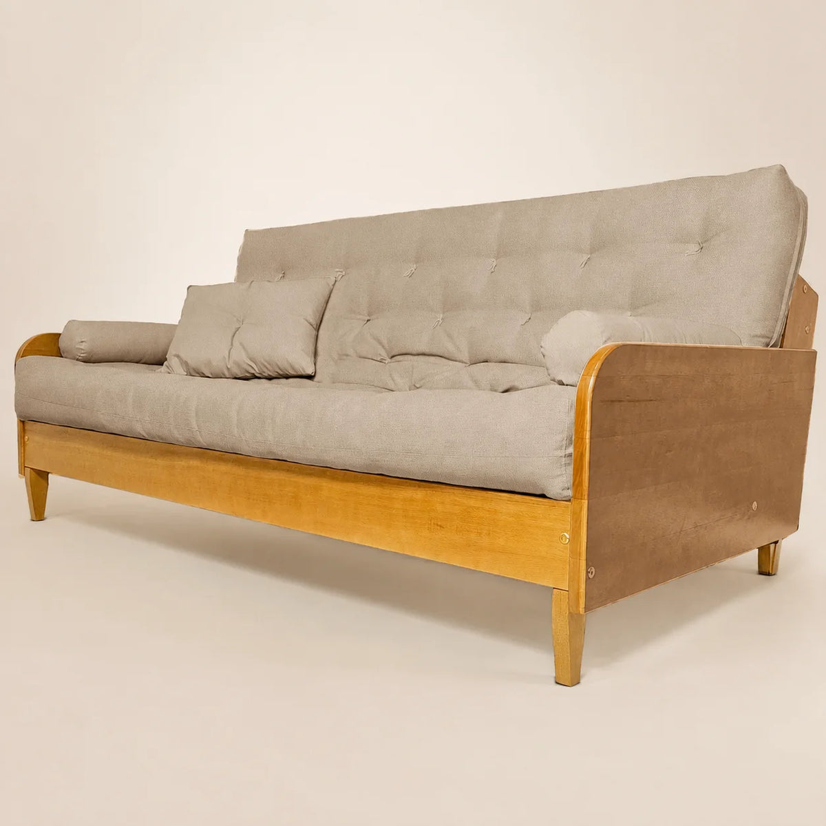 Sofá De Madeira Nobre Mel Futon Paris - Tecido Sarja 100% Algodão Cor Bege Claro