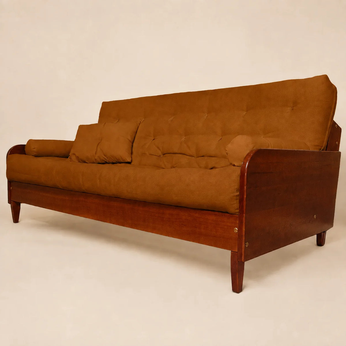 Sof� De Madeira Nobre Cor Imbuia Futon Paris - Tecido Sarja 100% Algod�o Caramelo