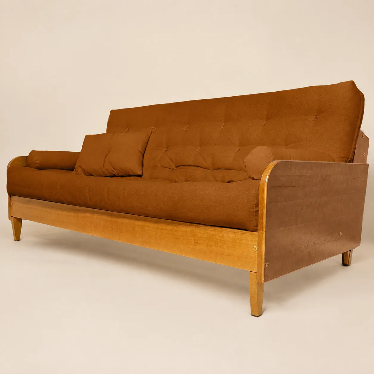 Sofá De Madeira Nobre Cor Mel Futon Paris - Tecido Sarja 100% Algodão Caramelo