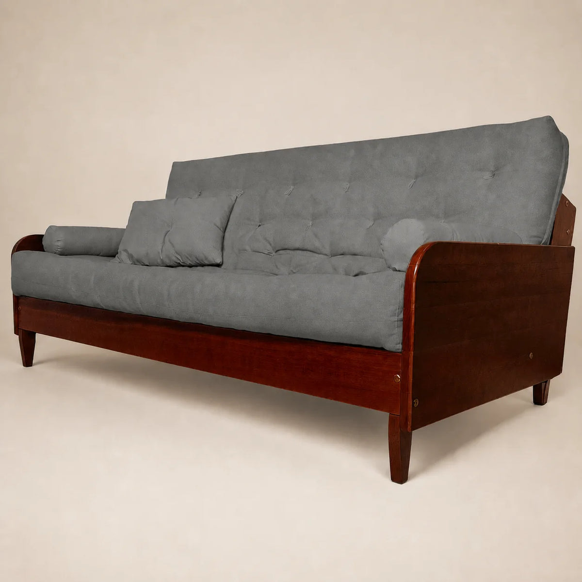 Sof� De Madeira Nobre Cor Imbuia Futon Paris - Tecido Sarja 100% Algod�o Cor Cinza