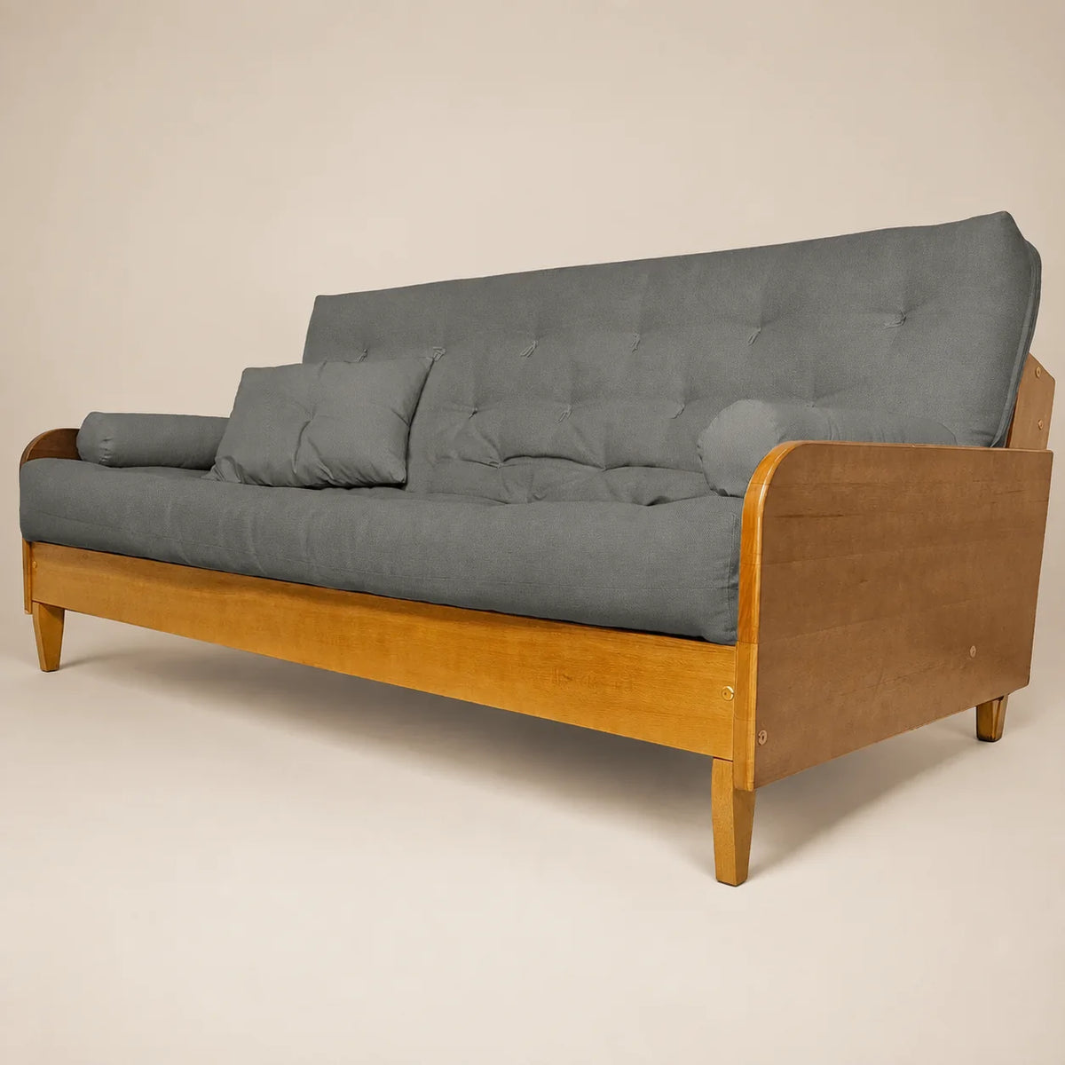 Sofá De Madeira Nobre Cor Mel Futon Paris - Tecido Sarja 100% Algodão Cinza