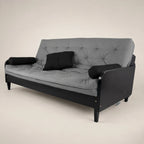 Sofá De Madeira Nobre Cor Preta Futon Paris - Tecido Sarja 100% Algodão Cinza