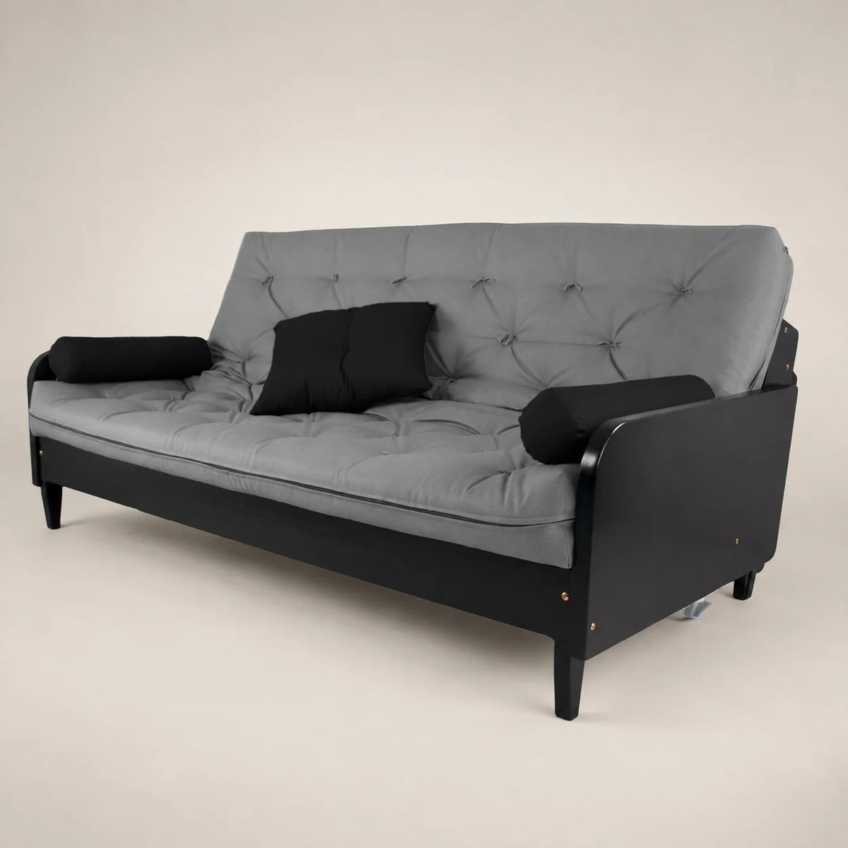 Sofá De Madeira Nobre Cor Preta Futon Paris - Tecido Sarja 100% Algodão Cinza