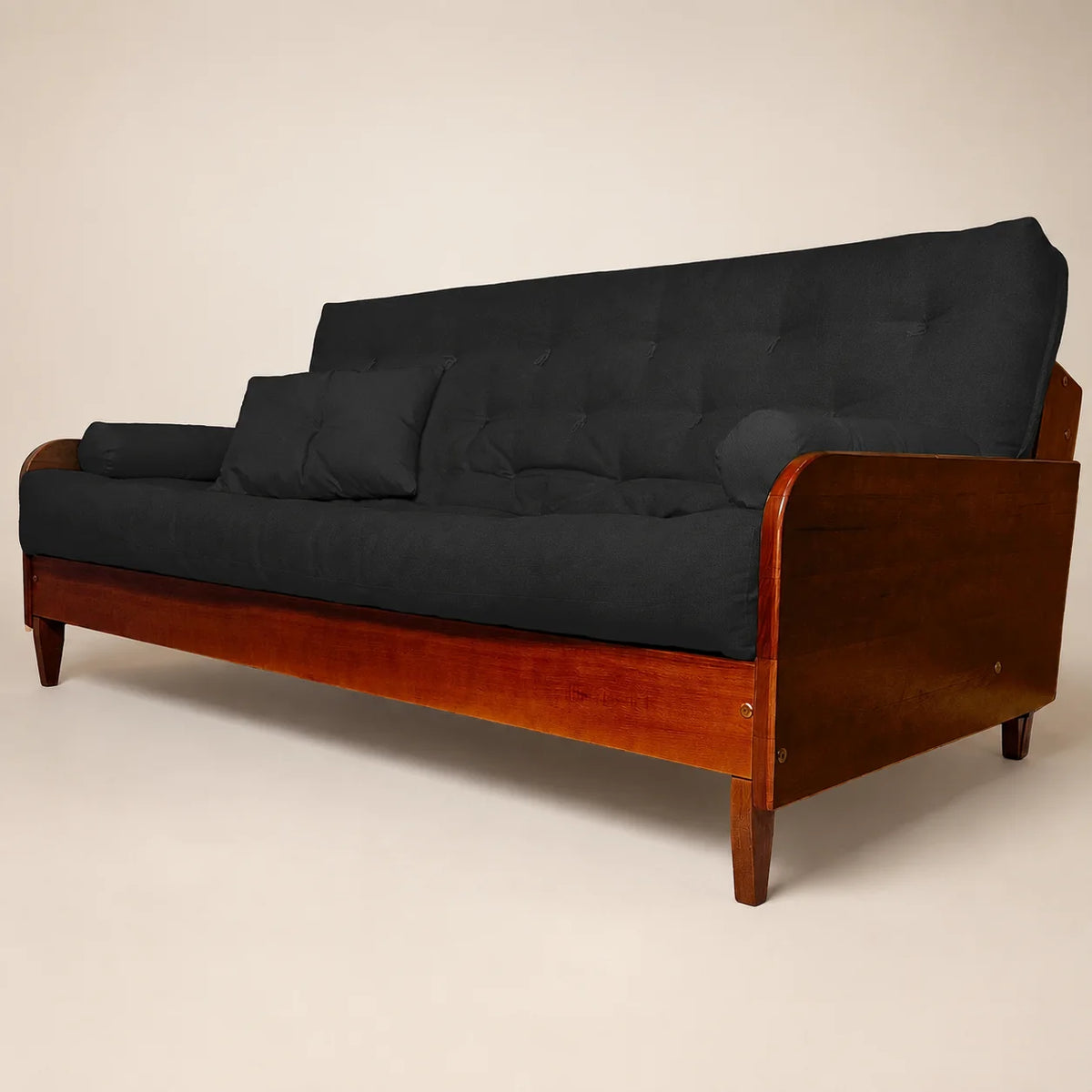 Sofá De Madeira Nobre Cor Imbuia Futon Paris - Tecido Sarja 100% Algodão Preto
