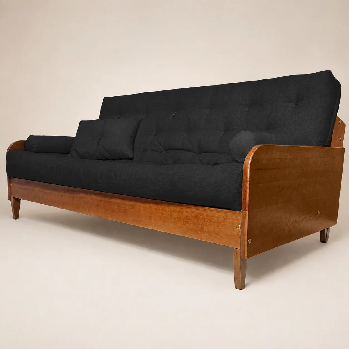 Sofá De Madeira Nobre Cor Mel Futon Paris - Tecido Sarja 100% Algodão Preto