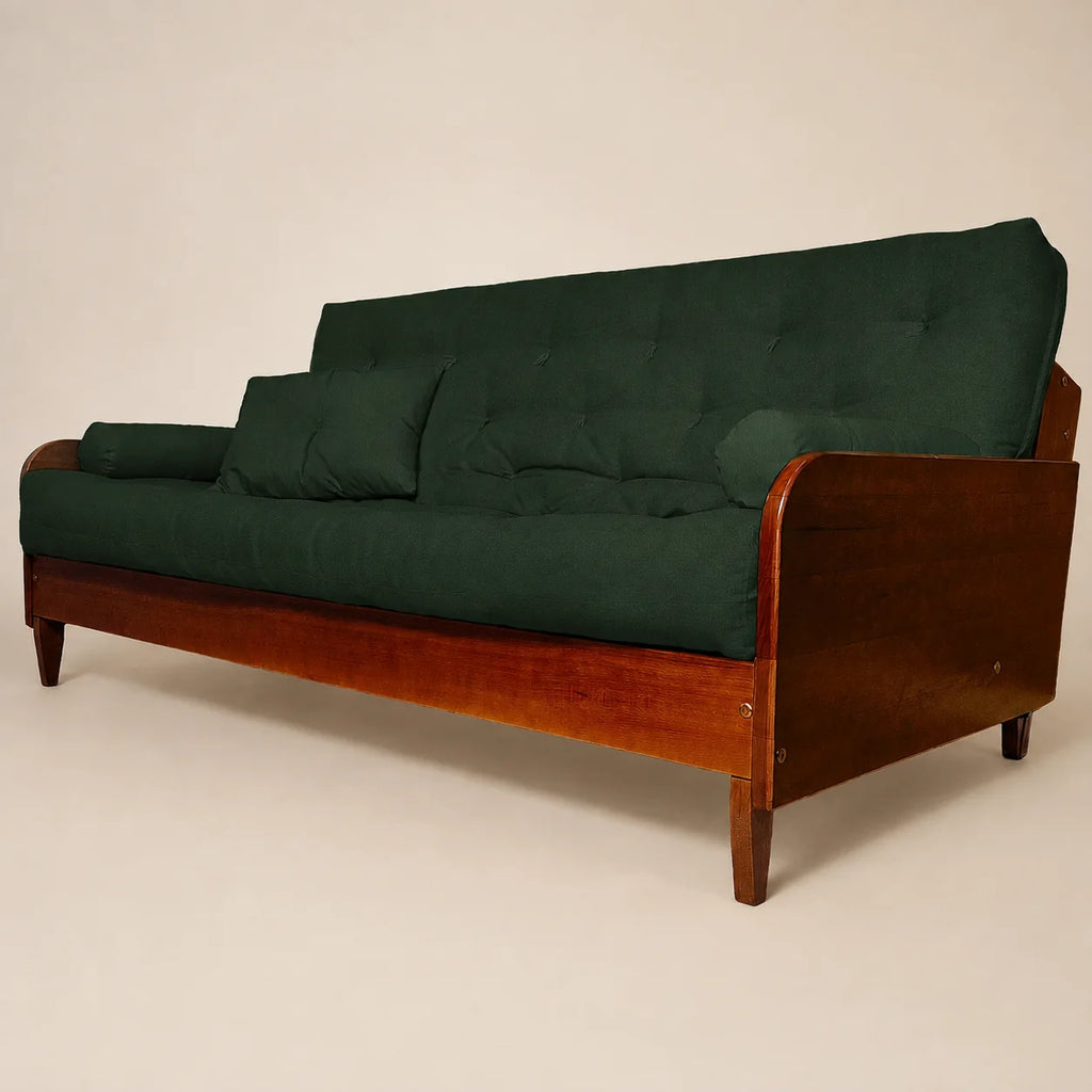 Sof� De Madeira Nobre Cor Imbuia Futon Paris - Tecido Sarja 100% Algod�o Verde Militar