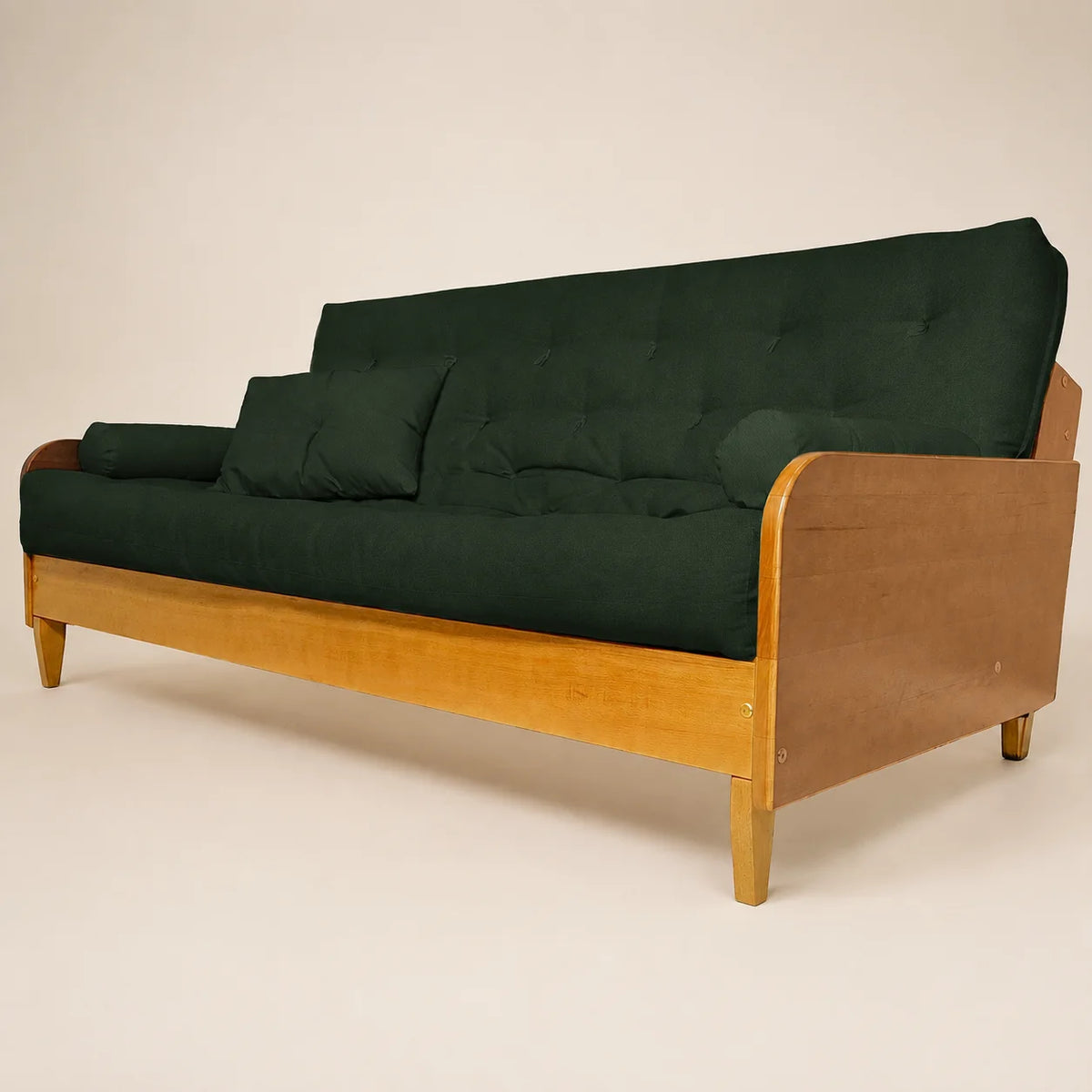 Sof� De Madeira Nobre Cor Mel Futon Paris - Tecido Sarja 100% Algod�o Verde Militar