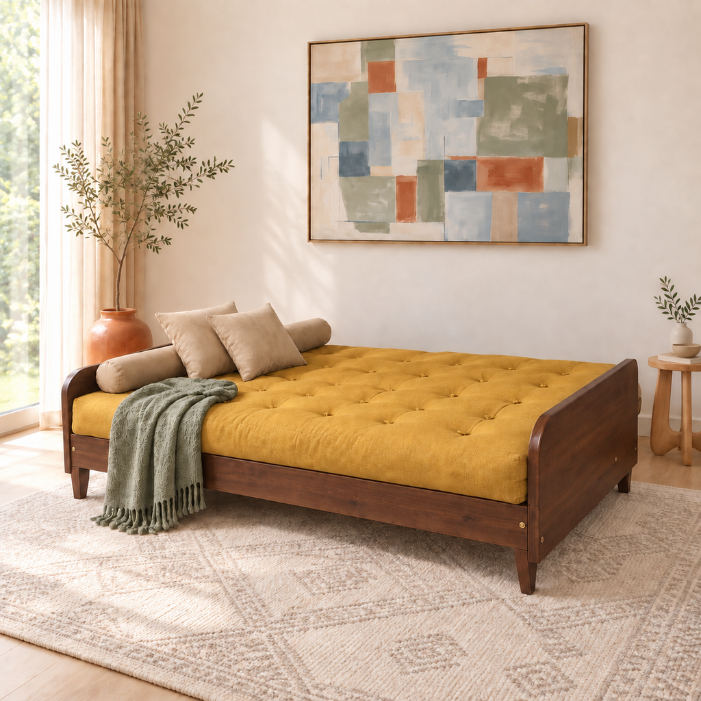 Sofá Cama Casal Futon Paris II Madeira Maciça Imbuia - Tecido Acquablock Cor Amarelo - modo cama