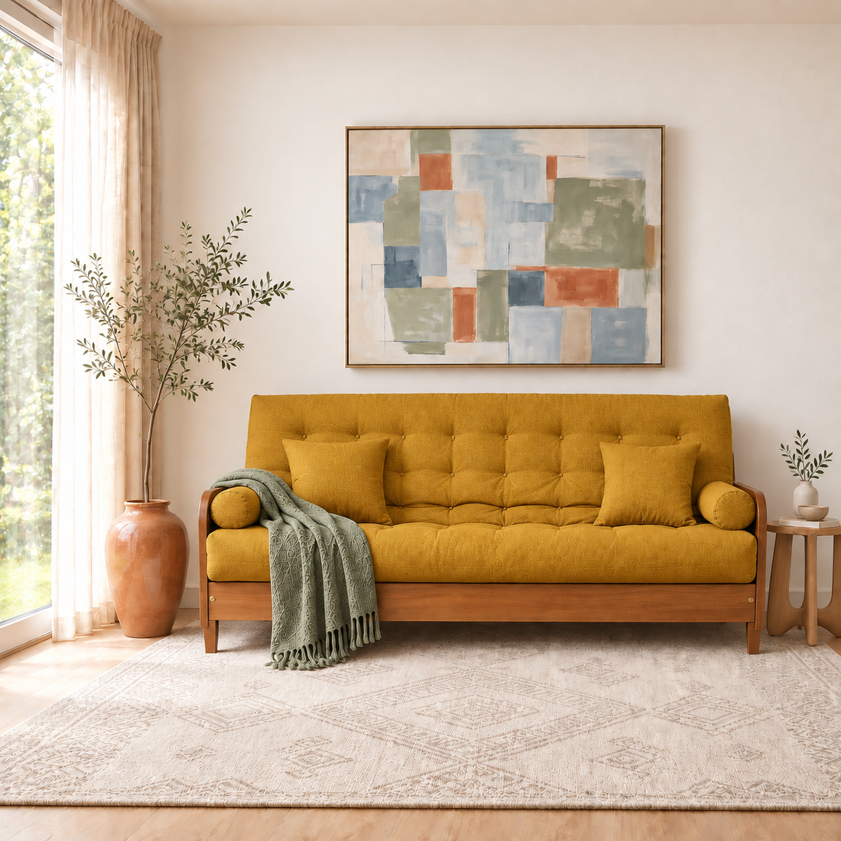 Sofá Cama Casal Futon Paris II Madeira Maciça Mel- Tecido Acquablock Cor Amarelo - ambientada