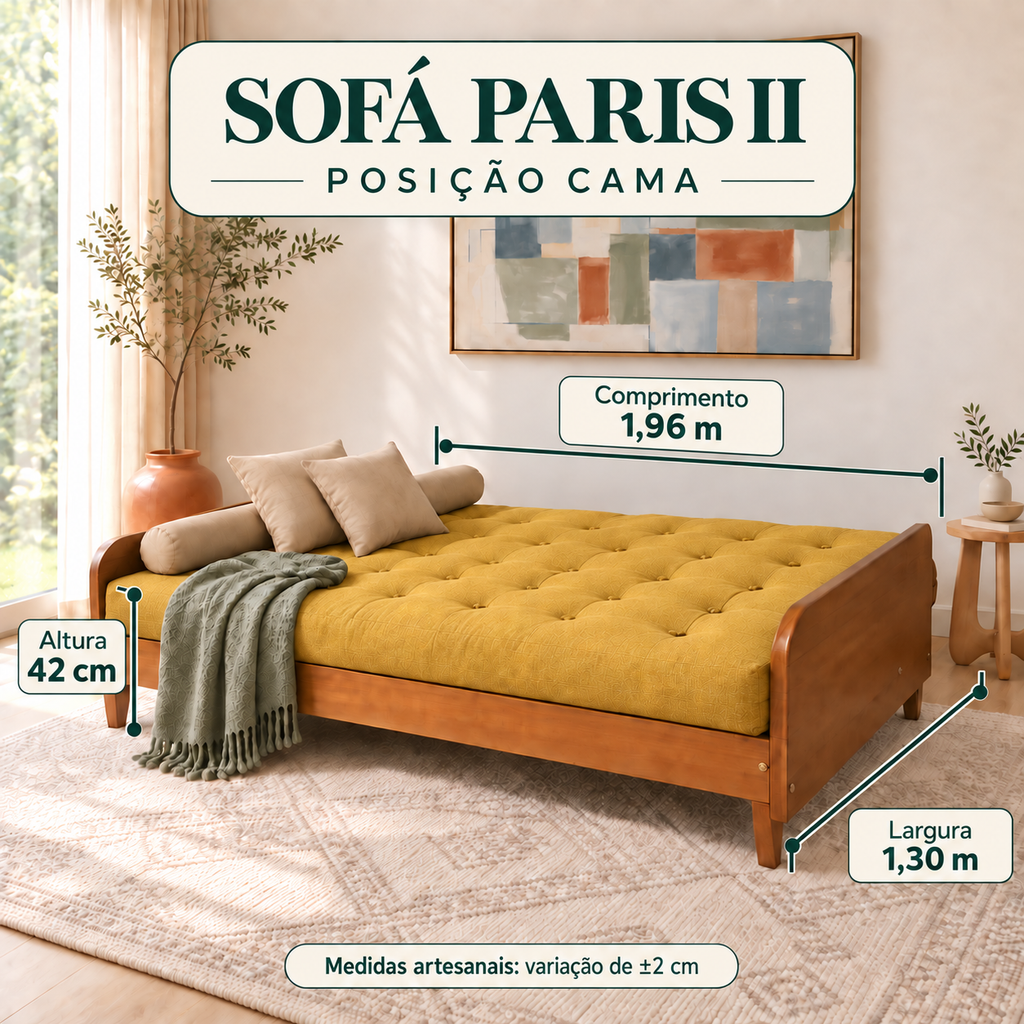 Sofá Cama Casal Futon Paris II Madeira Maciça Mel- Tecido Acquablock Cor Amarelo - guia de medidas na posição cama