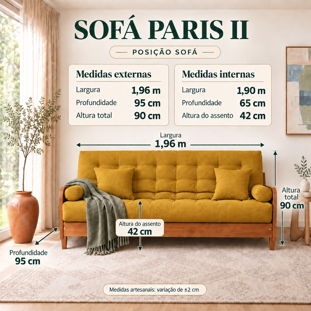 Sofá Cama Casal Futon Paris II Madeira Maciça Mel- Tecido Acquablock Cor Amarelo - guia de medidas na posição sofá