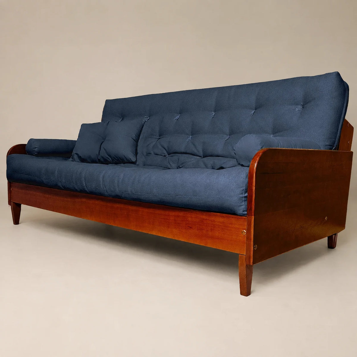 Sofá De Madeira Nobre Cor Imbuia Futon Paris - Tecido Acquablock Azul Royal