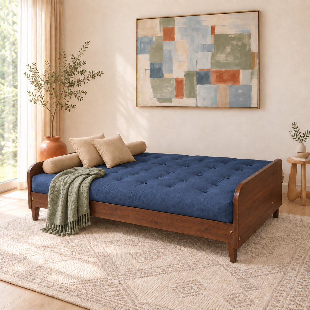 Sofá Cama Casal Futon Paris II Acquablock em Madeira Maciça Imbuia - Cor Azul Royal - modo cama