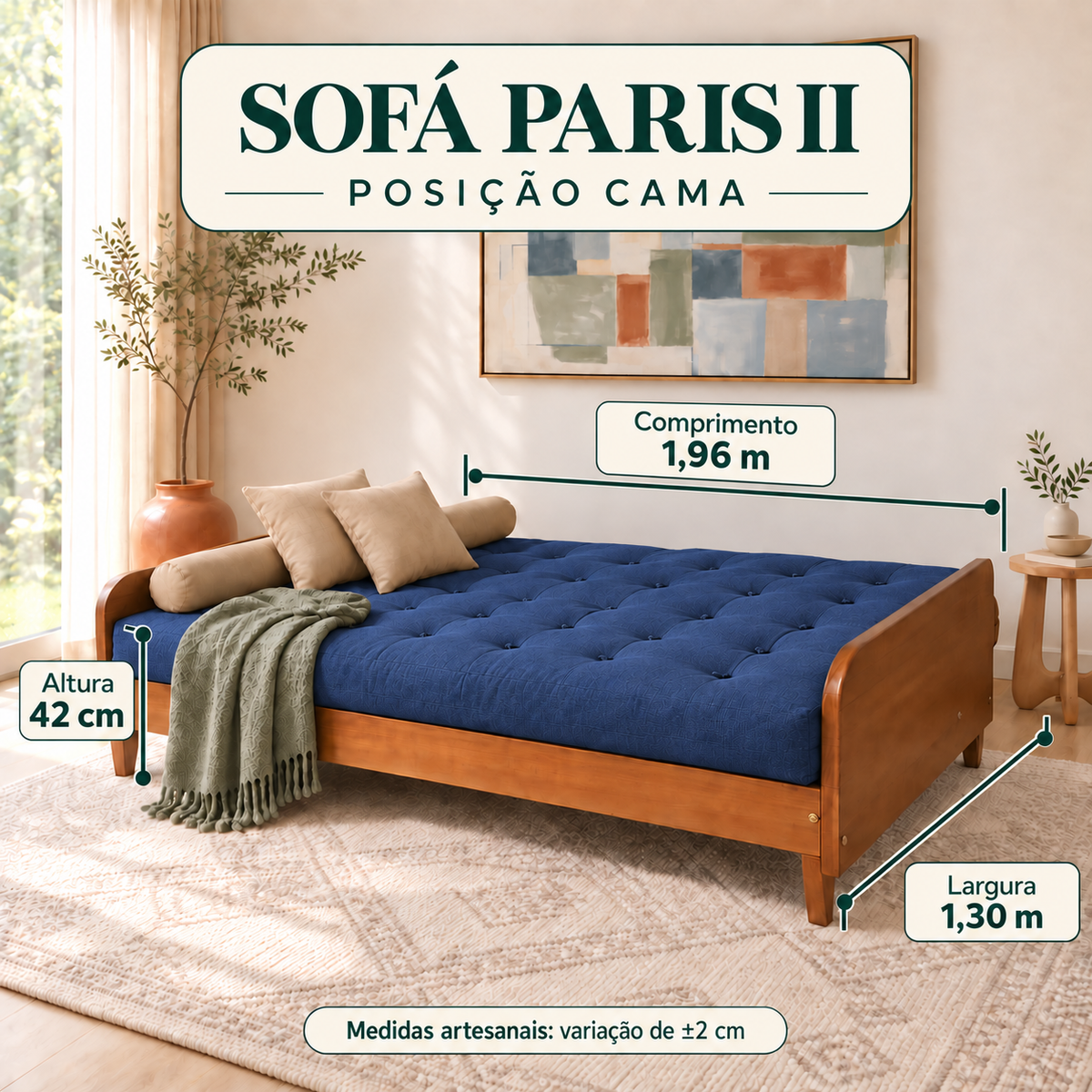 Sofá Cama Casal Futon Paris II Acquablock em Madeira Maciça Mel - Cor Azul Royal - guia de medidas na posição cama