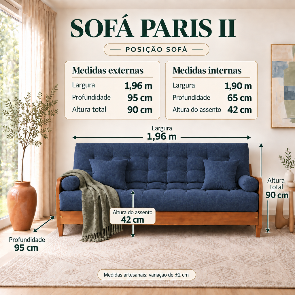Sofá Cama Casal Futon Paris II Acquablock em Madeira Maciça Mel - Cor Azul Royal - guia de medidas na posição sofá