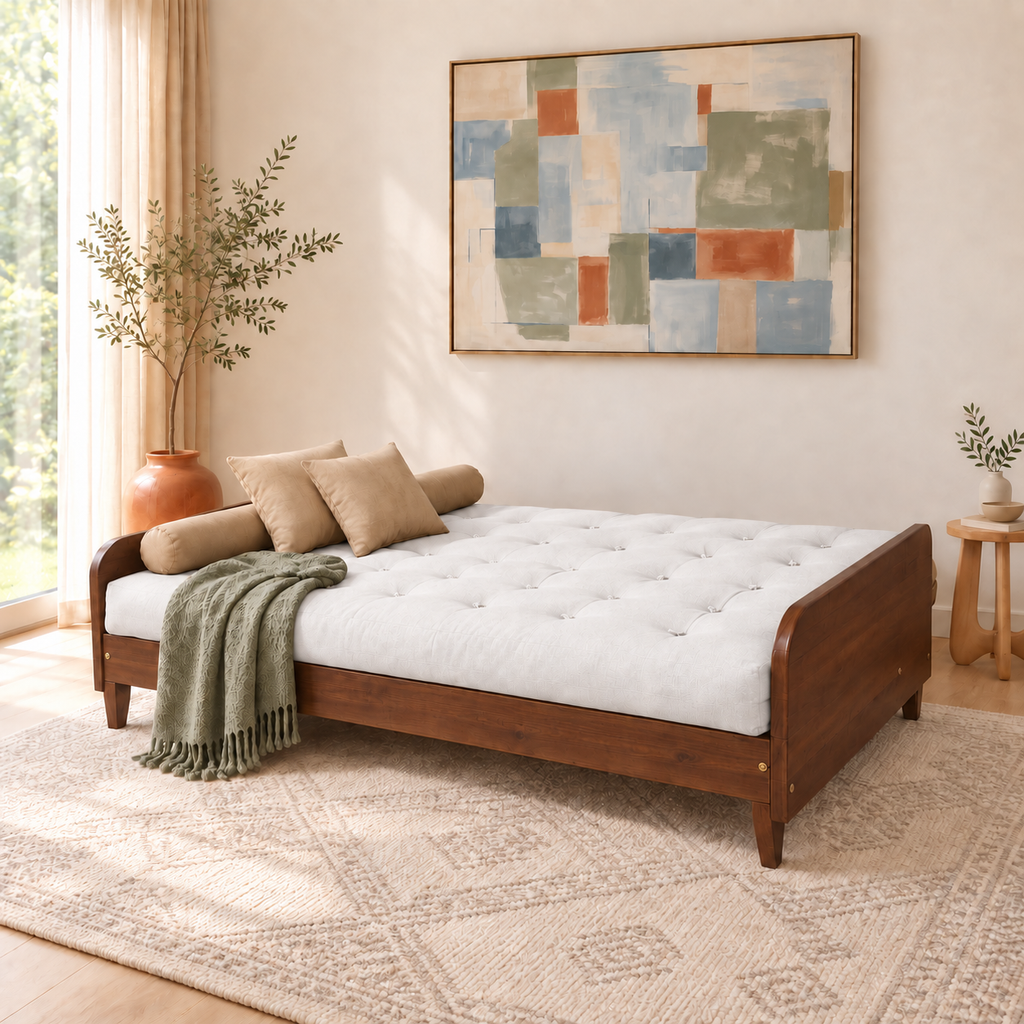 Sofá Cama Casal Futon Paris II Acquablock em Madeira Maciça Imbuia - Cor Branco Off - modo cama