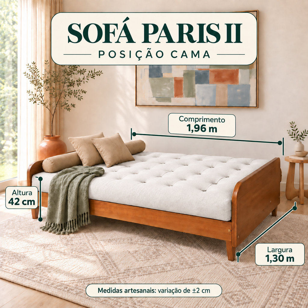 Sofá Cama Casal Futon Paris II Acquablock em Madeira Maciça Natural - Cor Branco Off - guia de medidas na posição cama