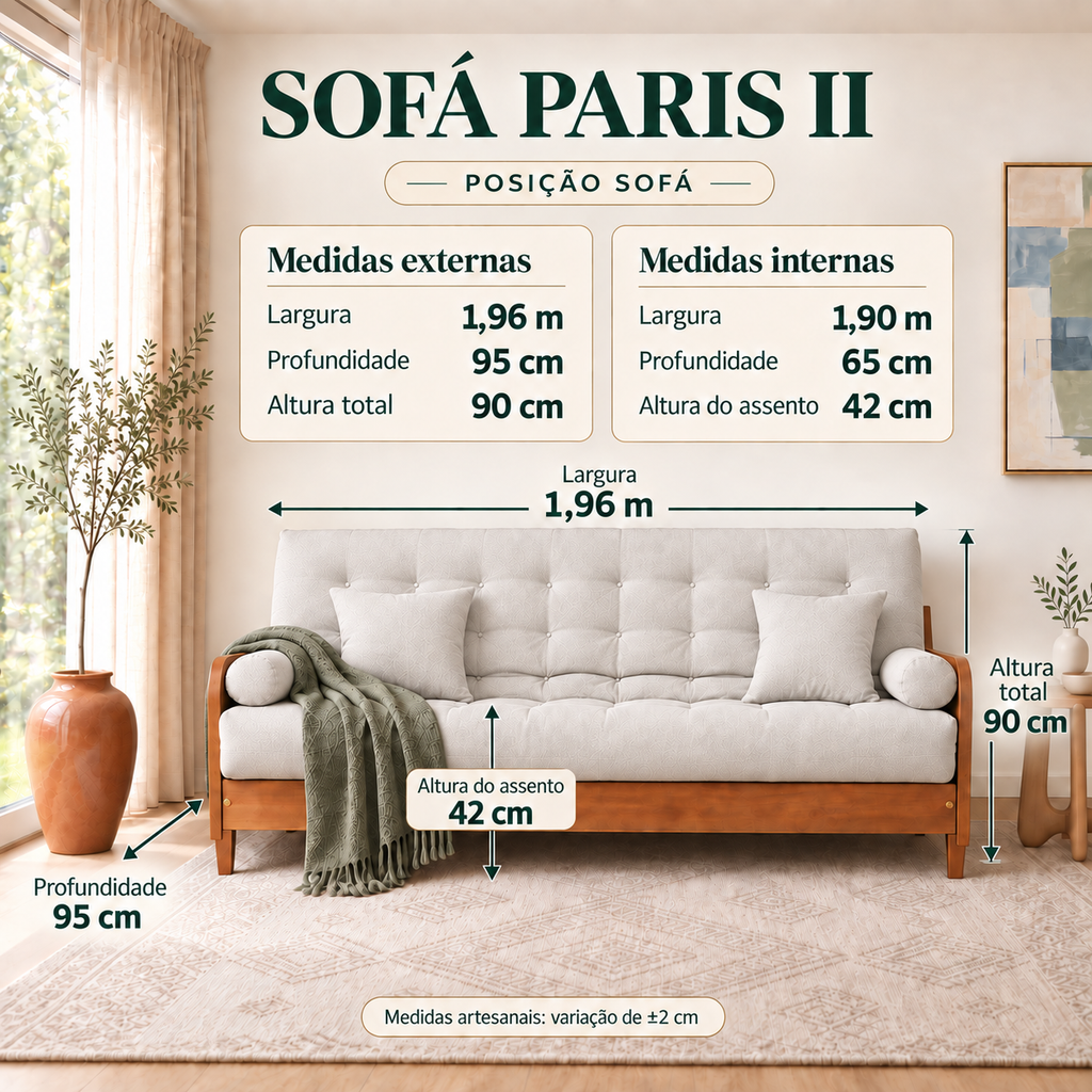 Sofá Cama Casal Futon Paris II Acquablock em Madeira Maciça Natural - Cor Branco Off - guia de medidas na posição sofá