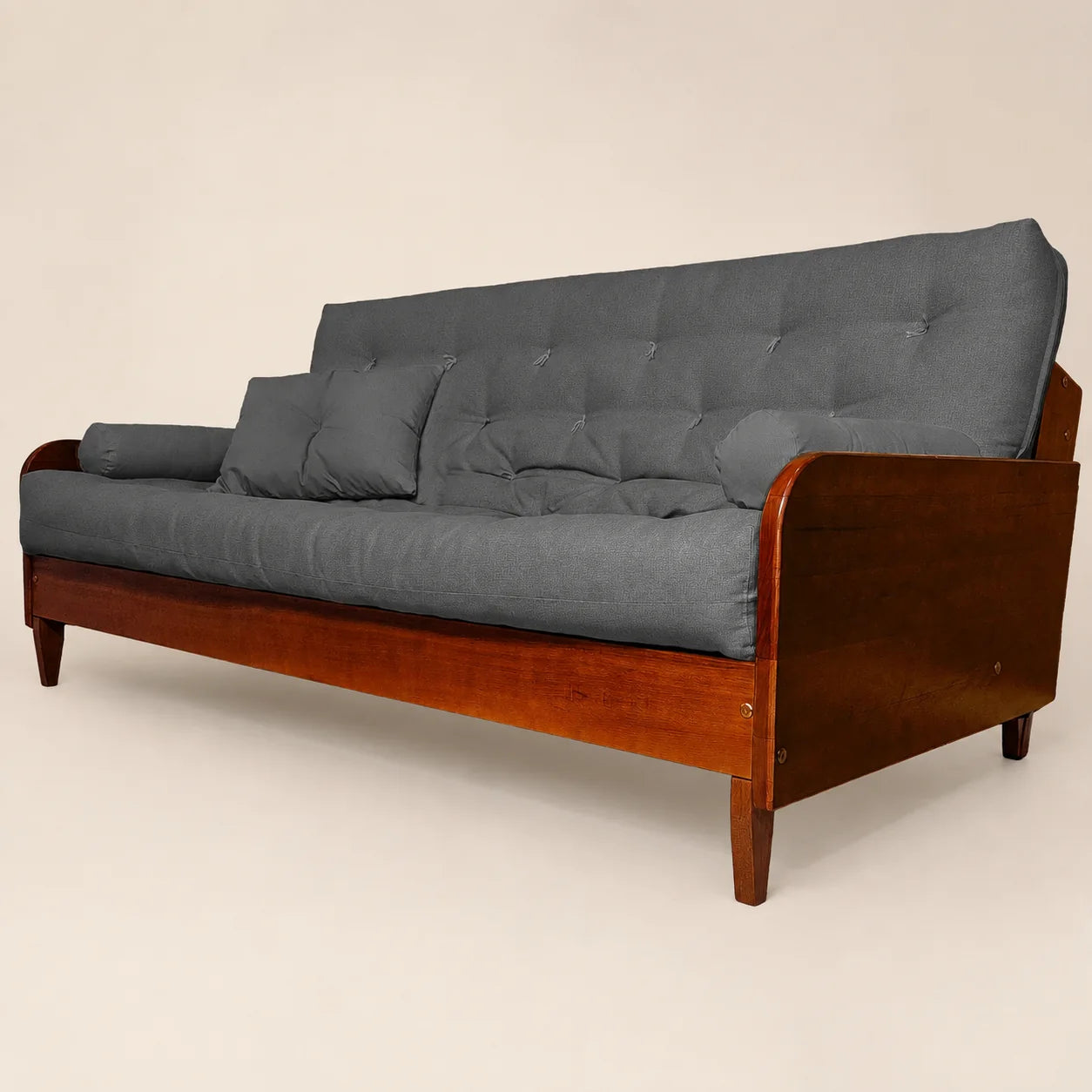 Sof� Cama Casal Futon Paris II Acquablock em Madeira Maci�a Imbuia - Cor Chumbo