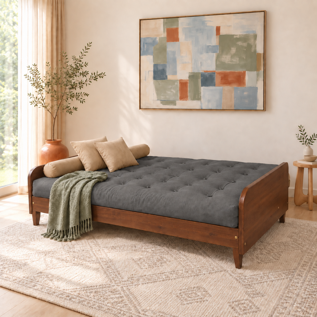 Sofá Cama Casal Futon Paris II Acquablock em Madeira Maciça Imbuia - Cor Chumbo - modo cama