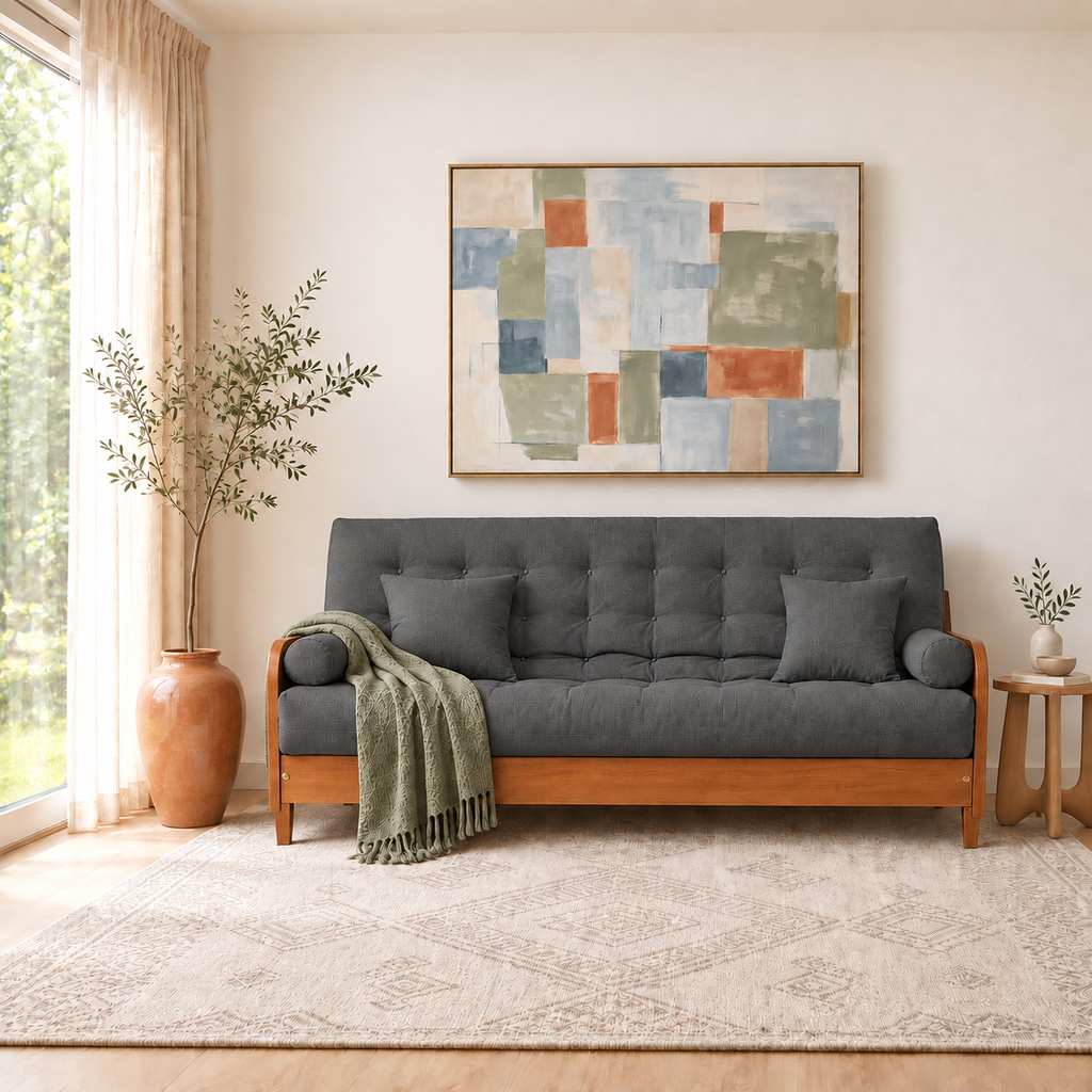 Sofá Cama Casal Futon Paris II Acquablock em Madeira Maciça Mel - Cor Chumbo - ambientada