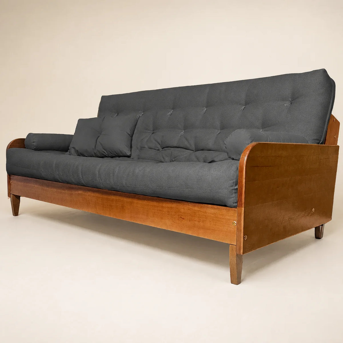 Sof� Cama Casal Futon Paris II Acquablock em Madeira Maci�a Natural - Cor Chumbo