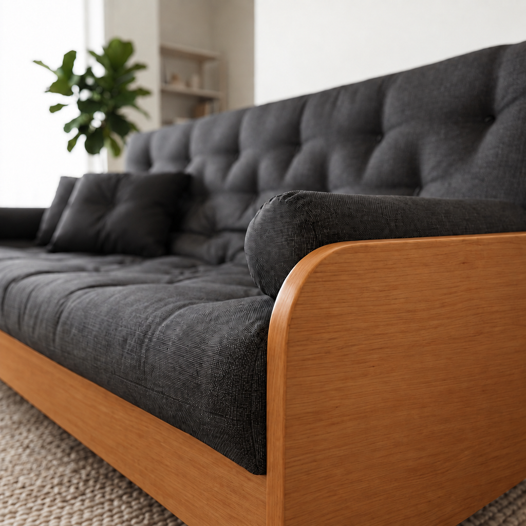 Sofá Cama Casal Futon Paris II Acquablock em Madeira Maciça Mel - Cor Chumbo - detalhe do produto e da madeira