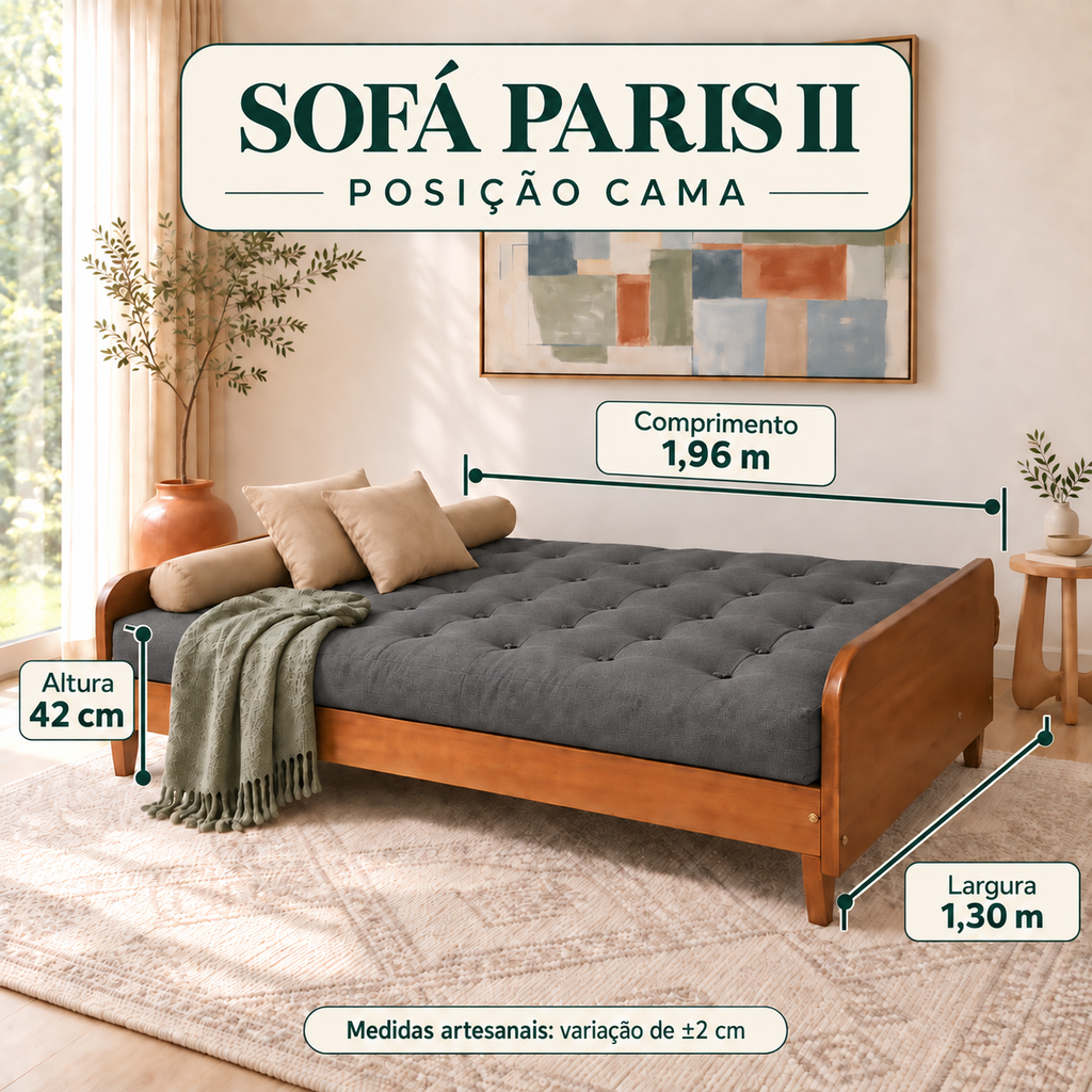 Sofá Cama Casal Futon Paris II Acquablock em Madeira Maciça Natural - Cor Chumbo - guia de medidas na posição cama