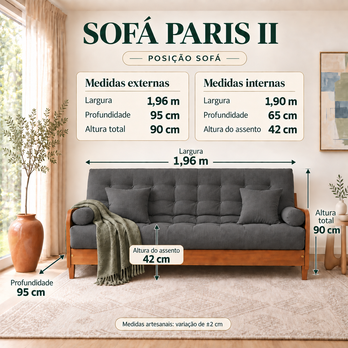 Sofá Cama Casal Futon Paris II Acquablock em Madeira Maciça Natural - Cor Chumbo - guia de medidas na posição sofá