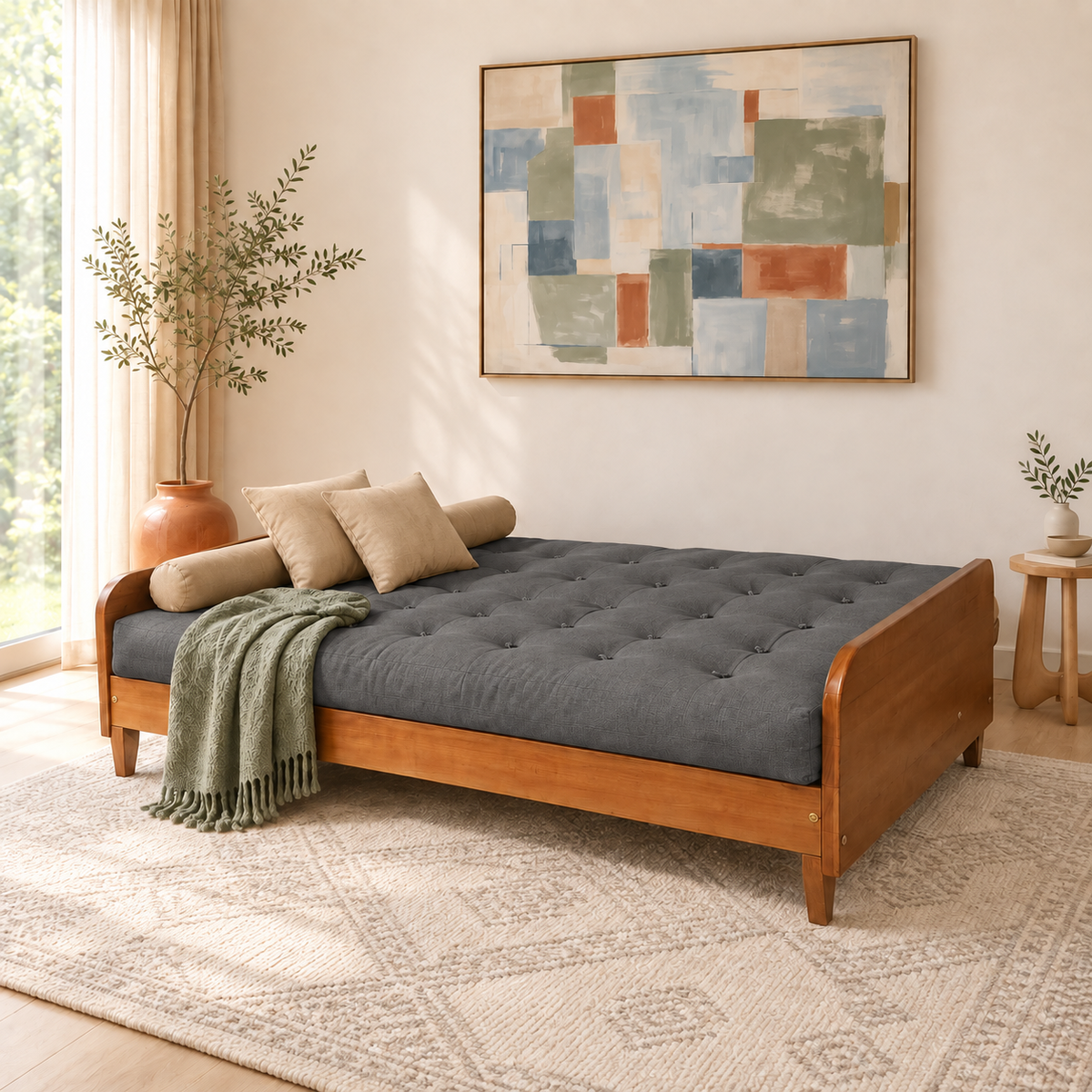 Sofá Cama Casal Futon Paris II Acquablock em Madeira Maciça Mel - Cor Chumbo - modo cama