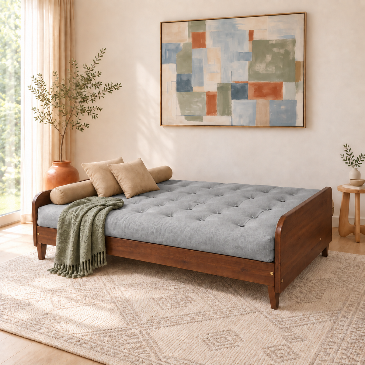 Sofá Cama Casal Futon Paris II Acquablock em Madeira Maciça Imbuia - Cor Cinza Linho - modo cama