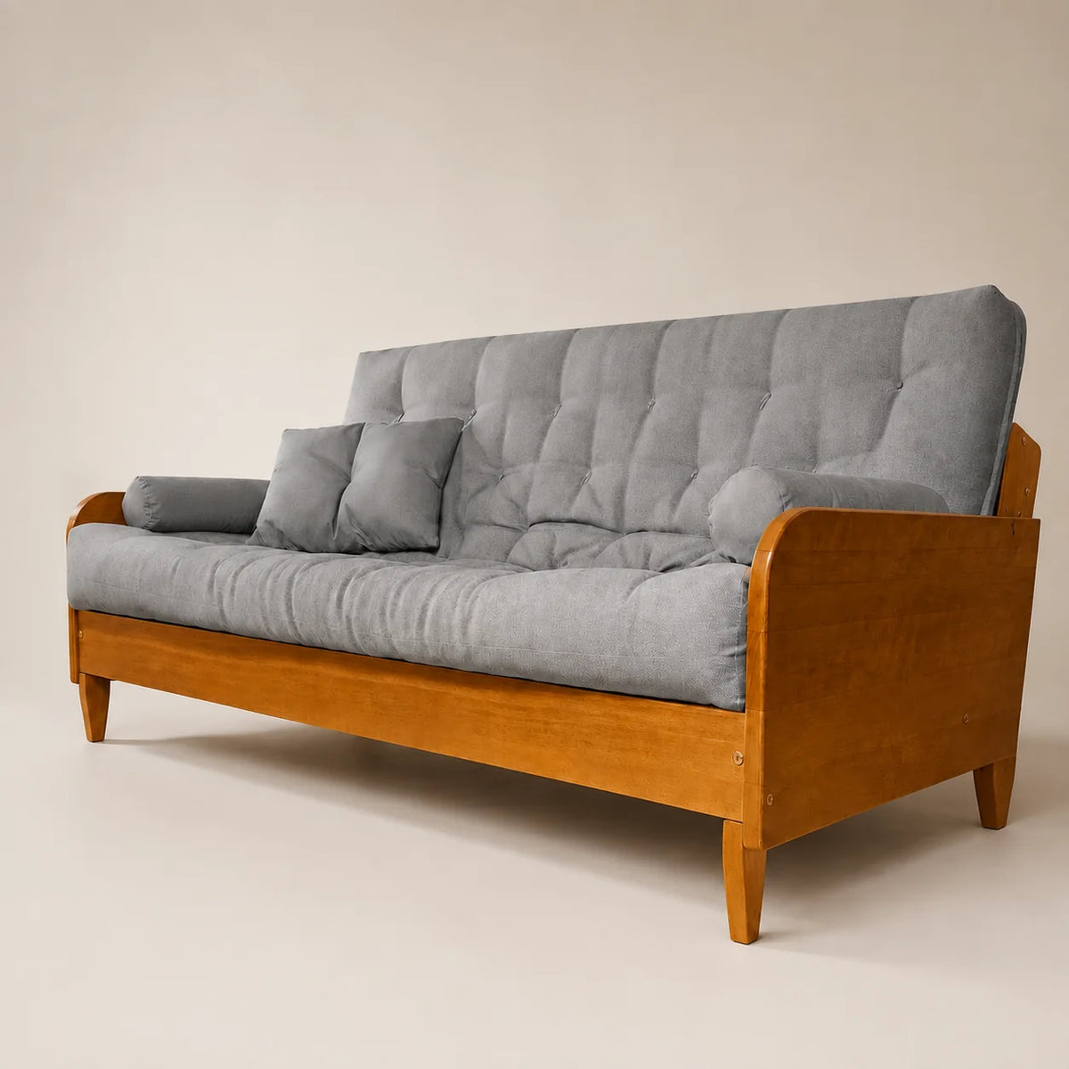 Sofá Cama Casal Futon Paris II Acquablock em Madeira Maciça Mel  - Cor Cinza Linho