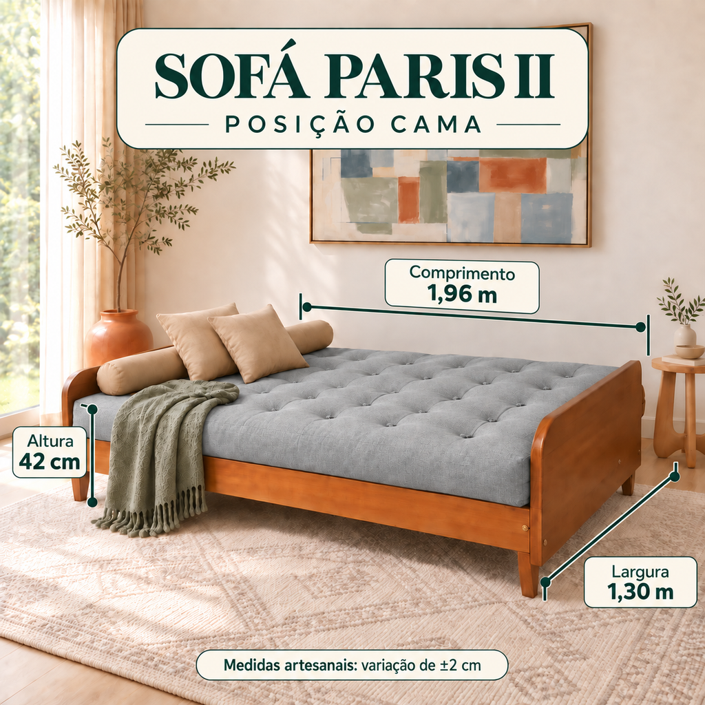 Sofá Cama Casal Futon Paris II Acquablock em Madeira Maciça Mel  - Cor Cinza Linho - guia de medidas na posição cama