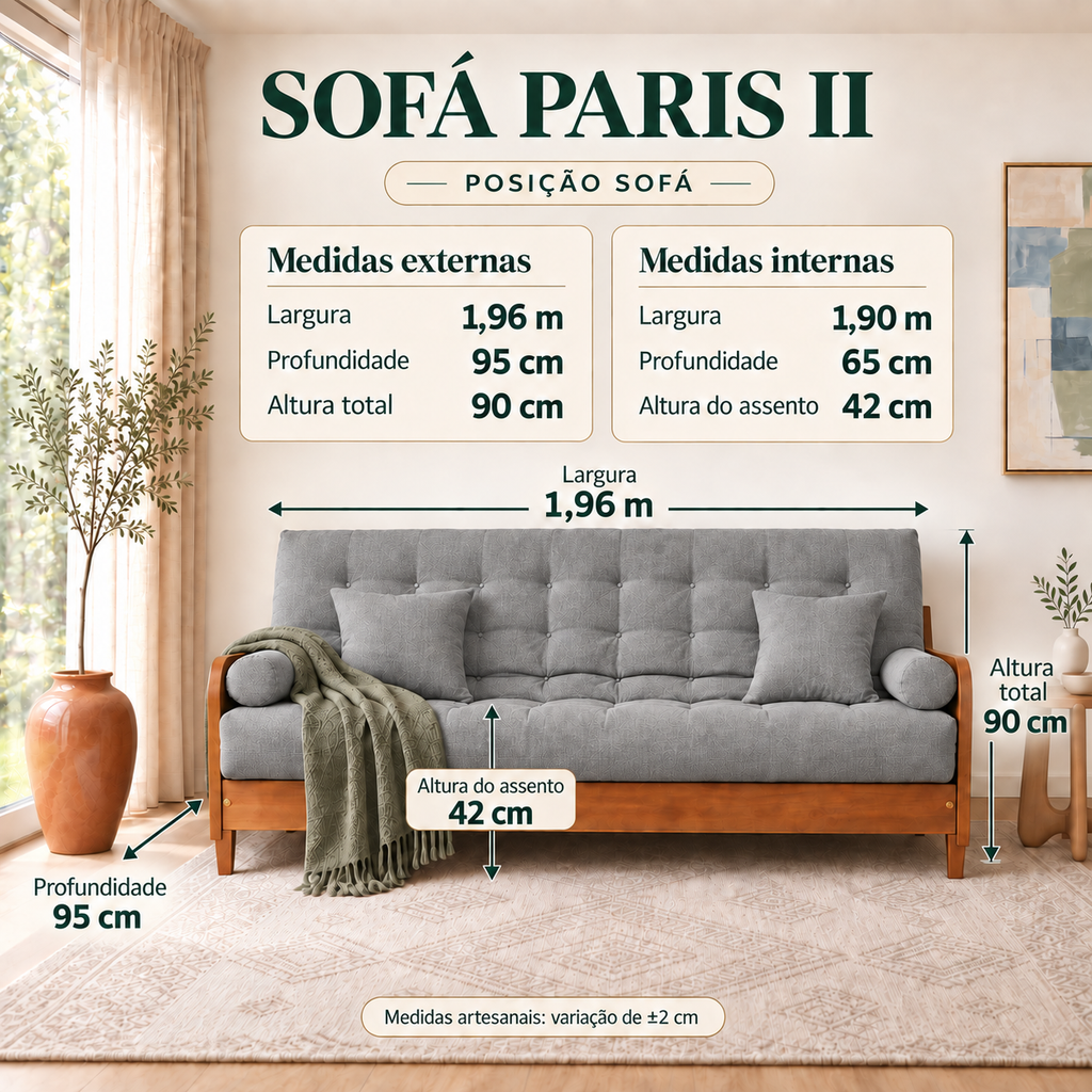 Sofá Cama Casal Futon Paris II Acquablock em Madeira Maciça Mel  - Cor Cinza Linho - guia de medidas na posição sofá