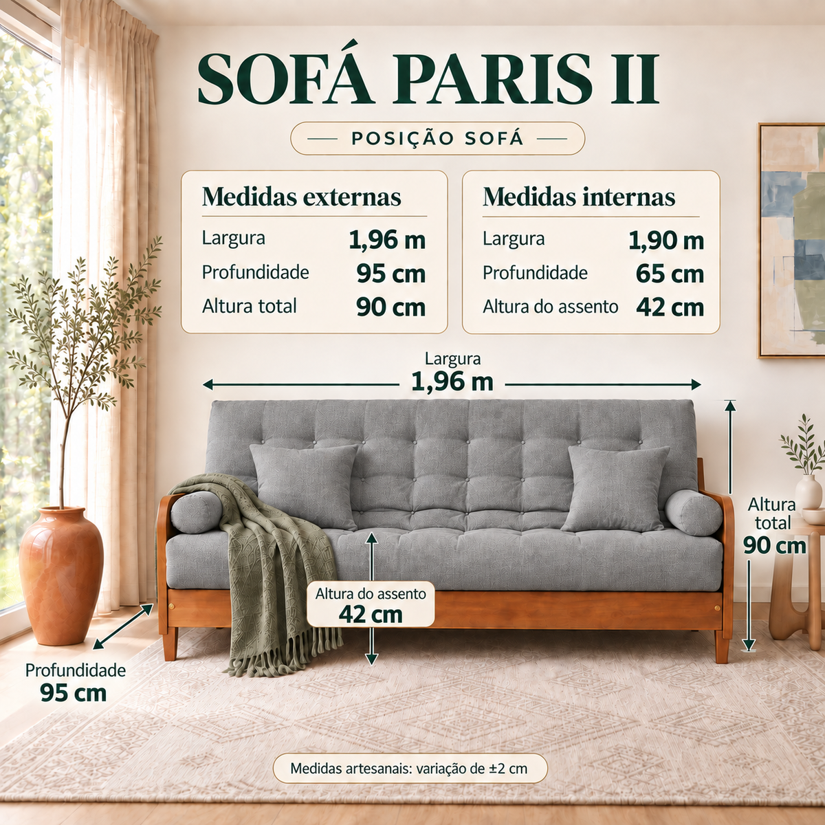 Sofá Cama Casal Futon Paris II Acquablock em Madeira Maciça Mel  - Cor Cinza Linho - guia de medidas na posição sofá