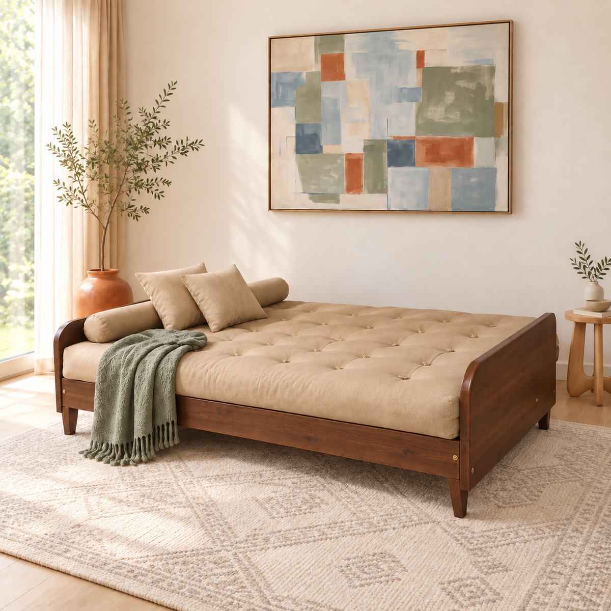 Sofá Cama Casal Futon Paris II Acquablock em Madeira Maciça Imbuia - Cor Fendi - modo cama