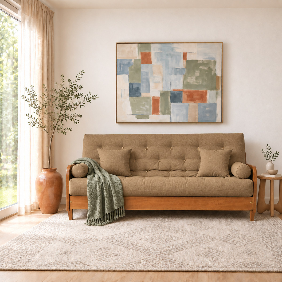 Sofá Cama Casal Futon Paris II Acquablock em Madeira Maciça Mel - Cor Fendi - ambientada