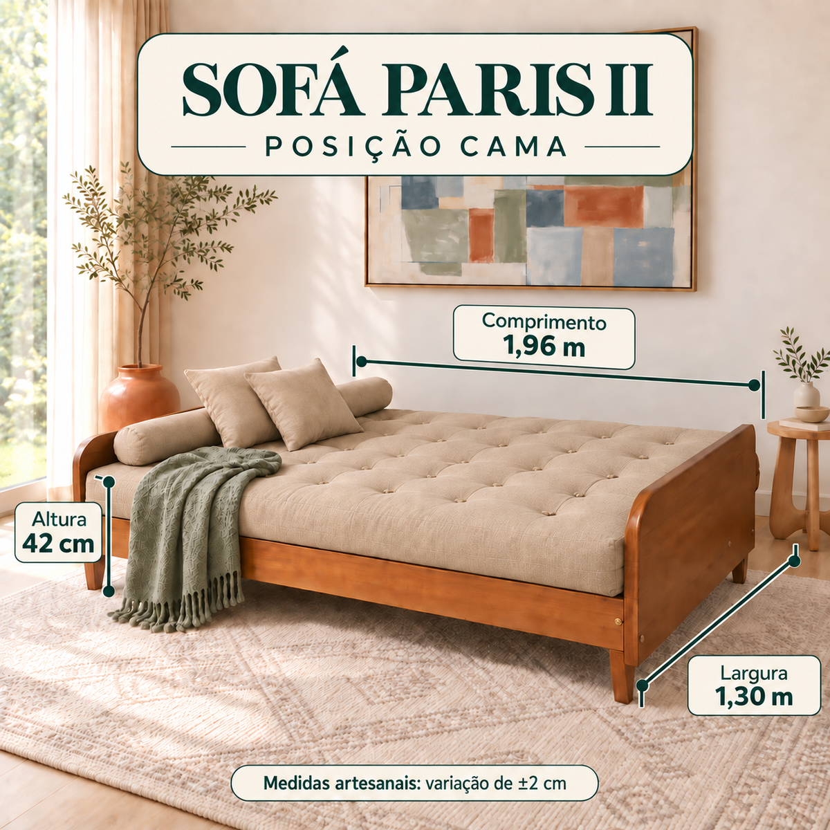 Sofá Cama Casal Futon Paris II Acquablock em Madeira Maciça Mel - Cor Fendi - guia de medidas na posição cama