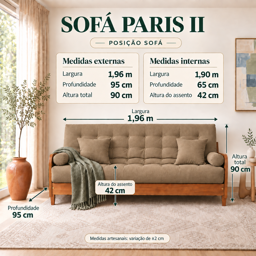Sofá Cama Casal Futon Paris II Acquablock em Madeira Maciça Mel - Cor Fendi - guia de medidas na posição sofá