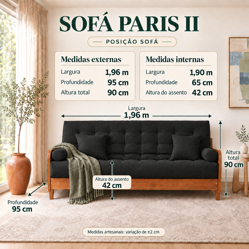 Sofá Cama Casal Futon Paris II Acquablock em Madeira Maciça Mel - Cor Preto - guia de medidas na posição sofá