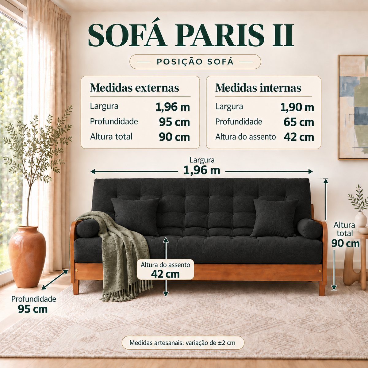 Sofá Cama Casal Futon Paris II Acquablock em Madeira Maciça Mel - Cor Preto - guia de medidas na posição sofá